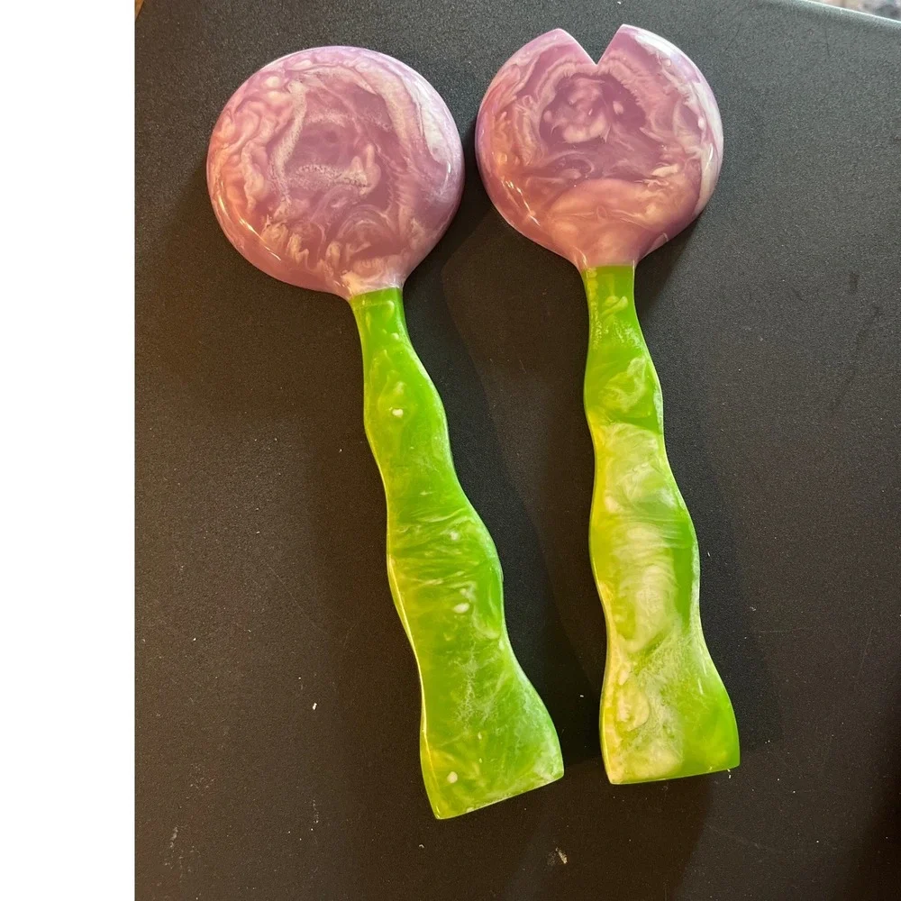Marbled Resin Salad Server Set Green Purple Wavy Handle Serving Utensils 11 Inch